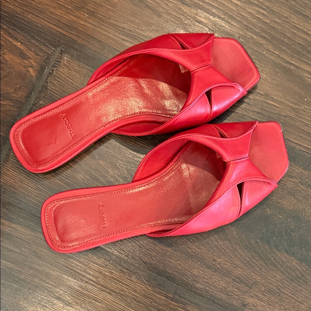 Theory Red Leather Twisted Strap Open-Toe Slide sandals